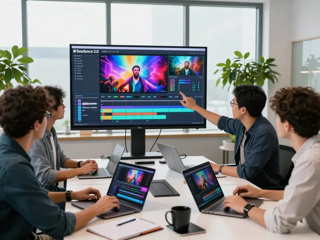 Collaborative team using seedance 2.0 for innovative AI video production in modern workspace.