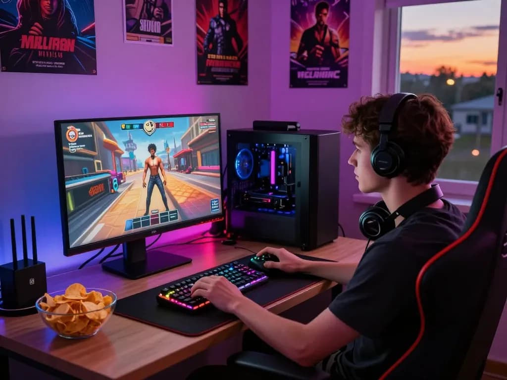 Engaged gamer enjoying interactive porn games in cozy setup with vibrant LED lighting and stunning visuals.