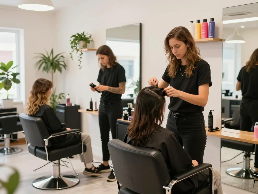 Stylish hair salon near me with a stylist coloring a client’s hair, showcasing vibrant colors and modern decor.
