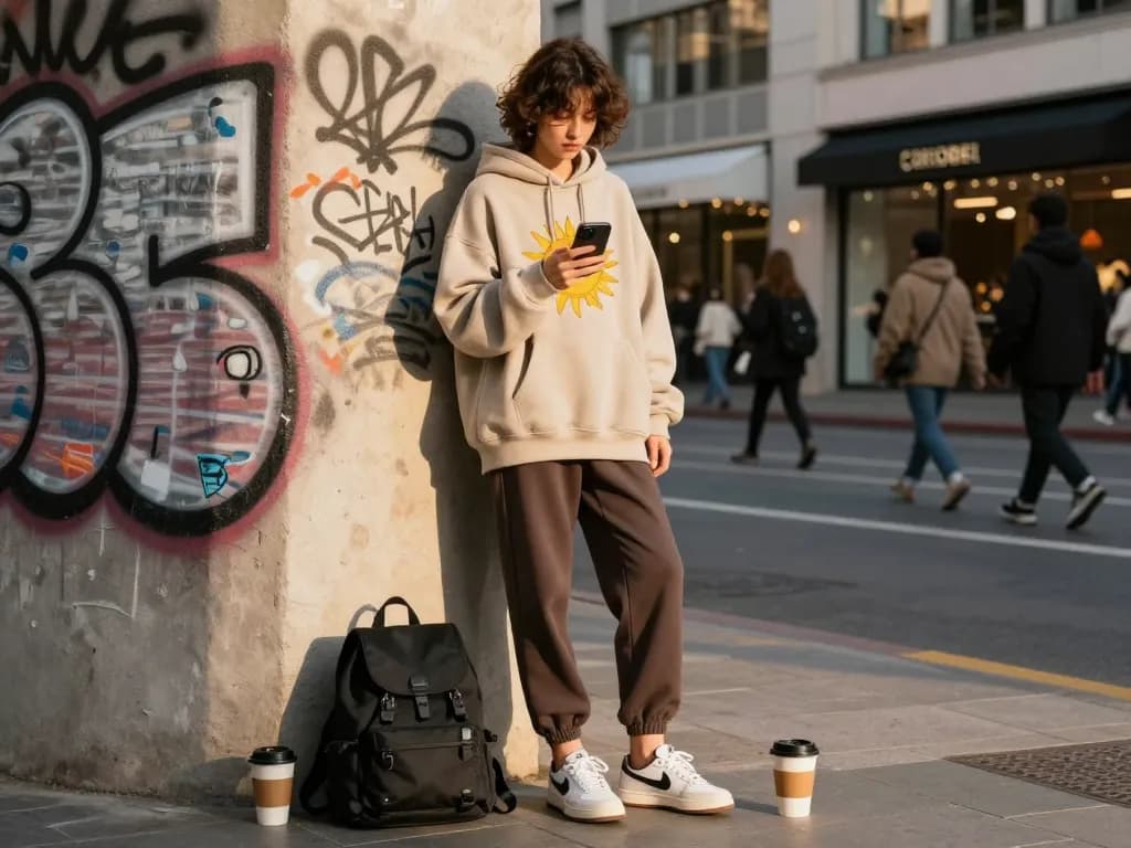 Confident individual in sunwin hoodie showcasing urban fashion style against colorful graffiti backdrop.
