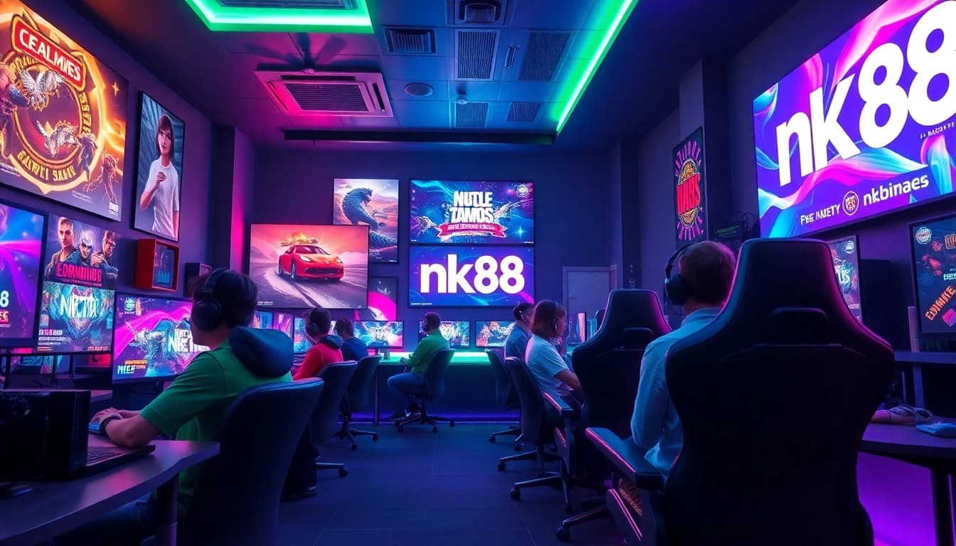 Dynamic gaming lounge scene highlighting nk88, featuring players and vibrant graphics.