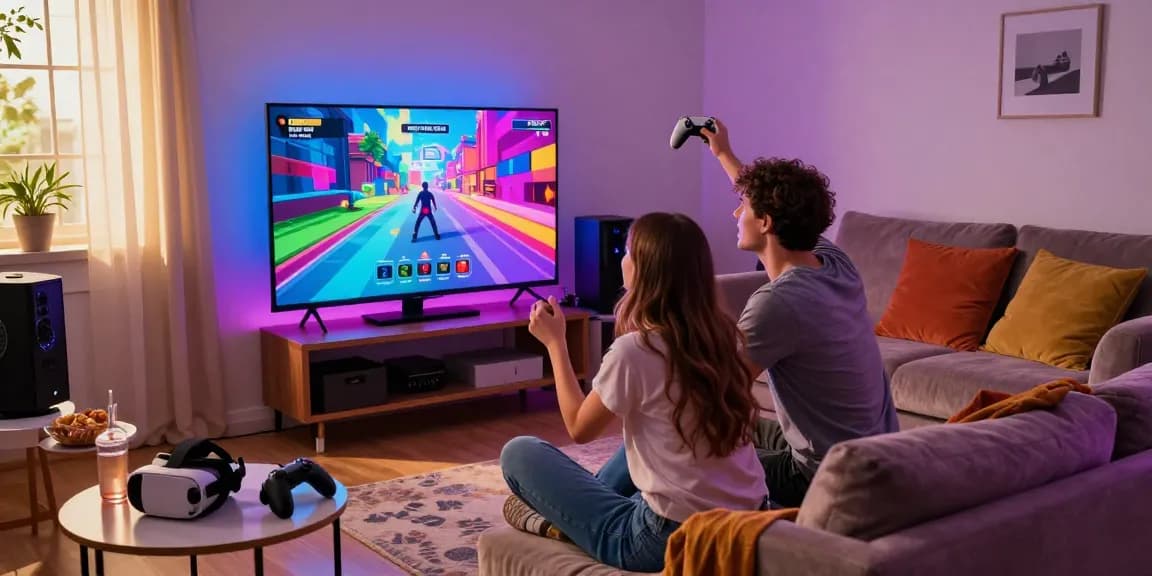 Couple enjoying game sex on console in a lively gaming room atmosphere