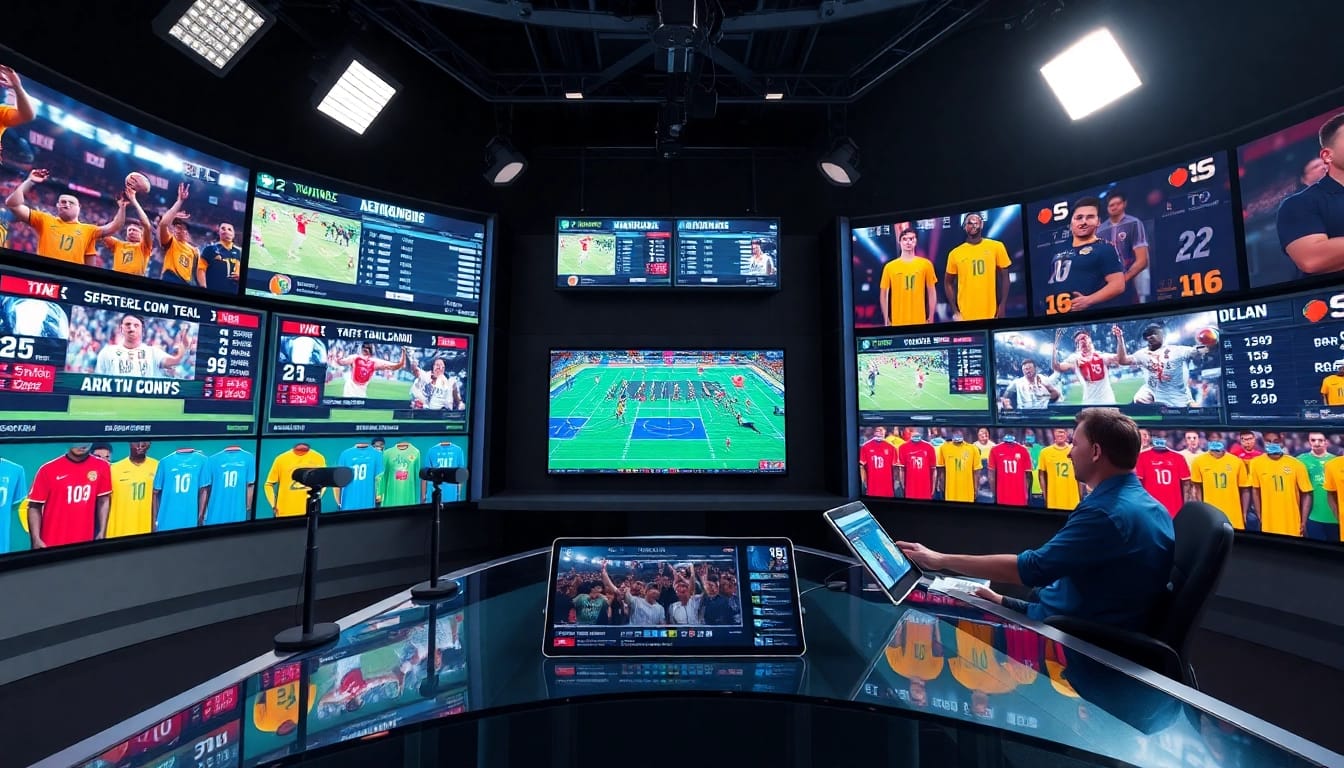 Engaging scene of sports broadcasting featuring hosts and live game displays.