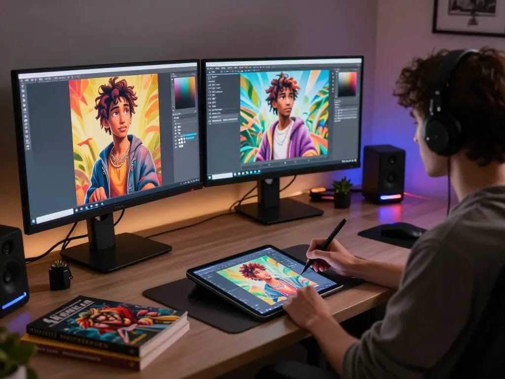 Creating AI porn in a digital art studio with colorful monitors showcasing lifelike characters.