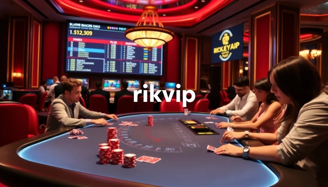 Players enjoying an exciting blackjack game at a luxurious rikvip casino table.