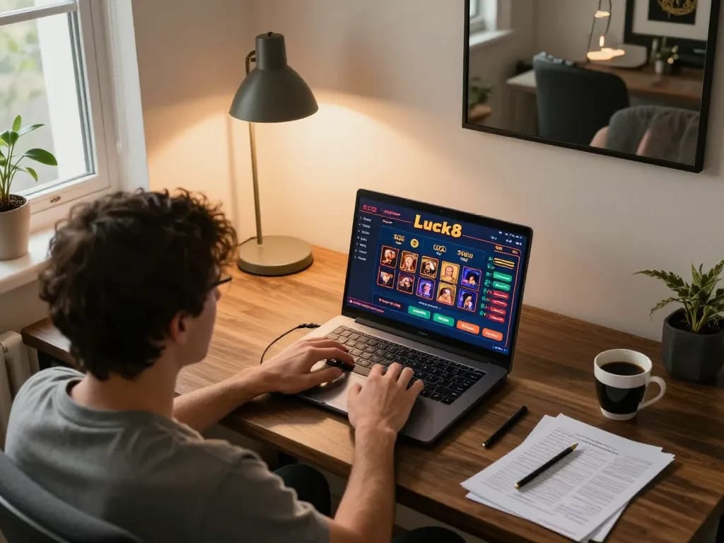 Engaging home gaming scene featuring a player at Luck8 online casino on laptop with strategy notes.