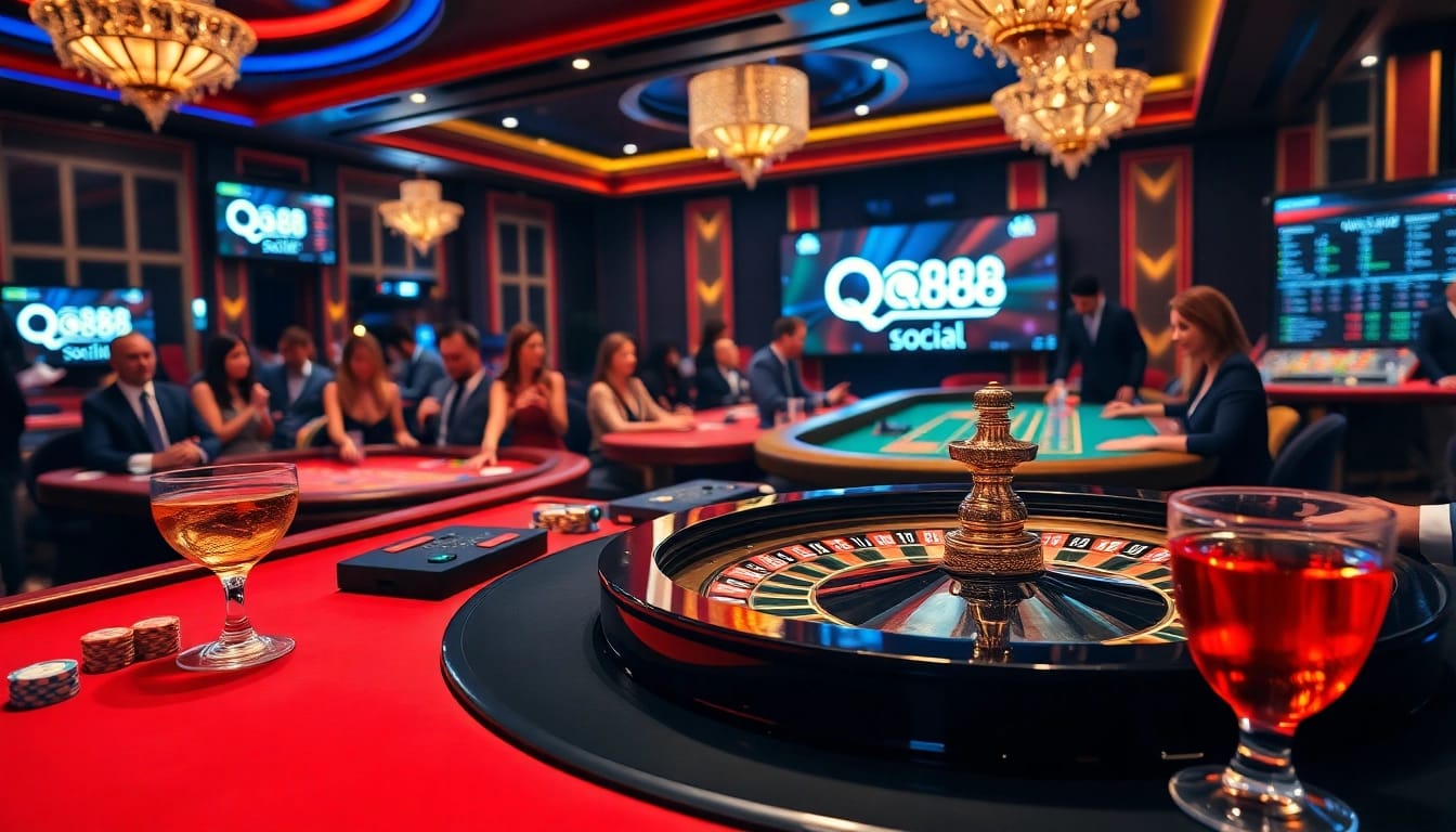 Engaged players at QQ88 Social roulette table, showcasing vibrant casino excitement and luxury.