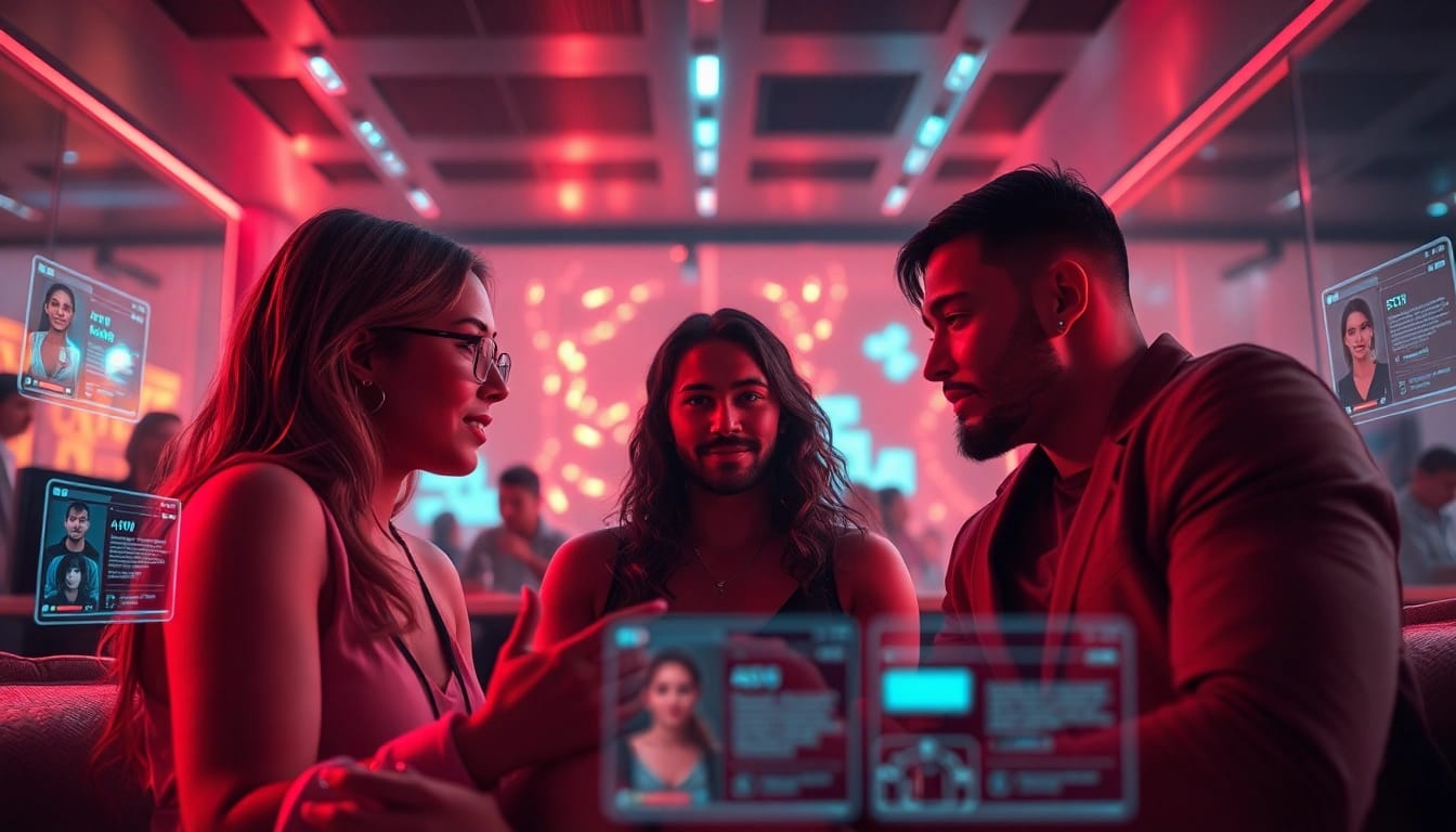 Interactive NSFW AI chat scene illustrating intimate conversations with engaging characters and modern technology.