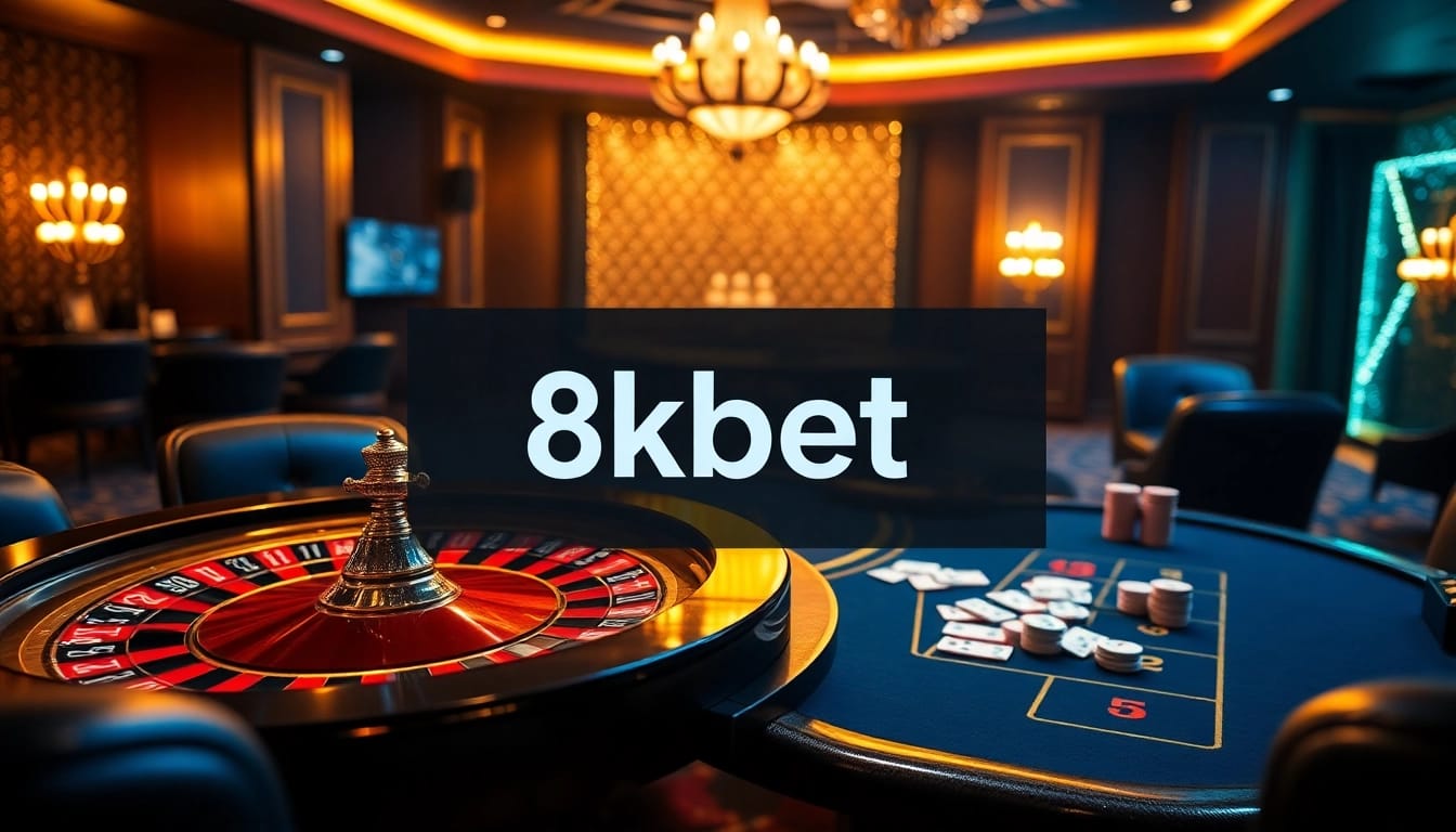 Experience the excitement of 8kbet with vibrant poker chips and a roulette wheel in a luxurious casino