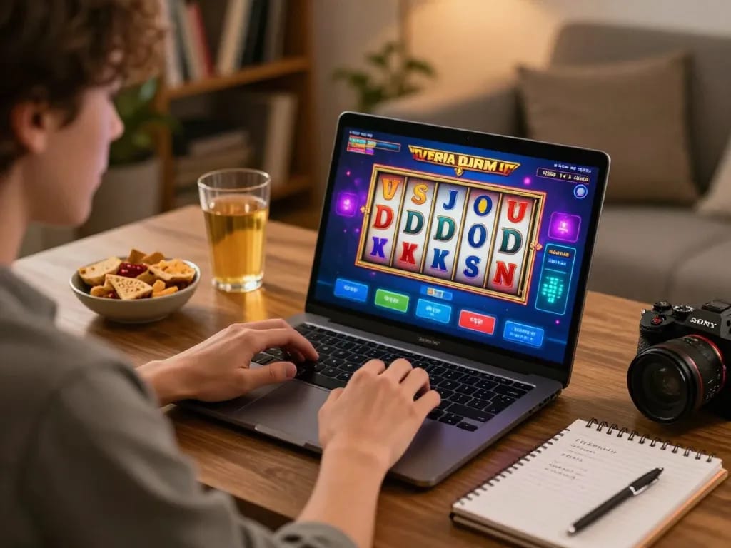 Engaging gameplay at Jun88 with colorful slot reels visible on a laptop screen in a cozy home setting