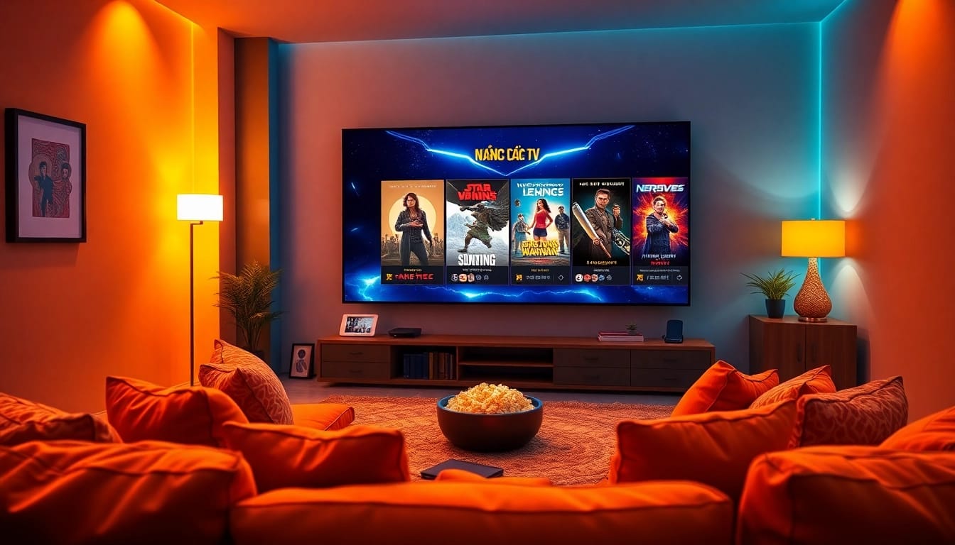 Nắng Cực TV home entertainment setup with cozy seating, popcorn, and movie posters.