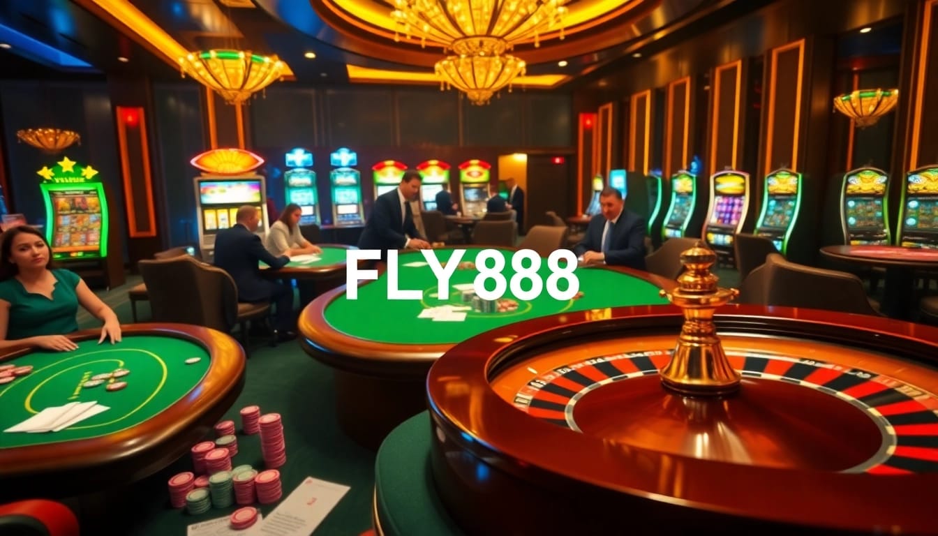 FLY88's vibrant casino scene featuring poker tables, roulette, and bright slot machines.