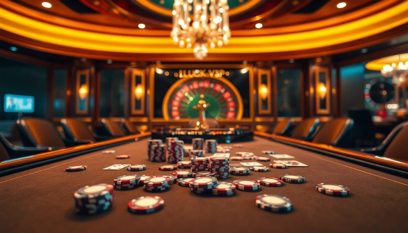 luck8 vip excitement at a luxurious casino table with cards and chips in action