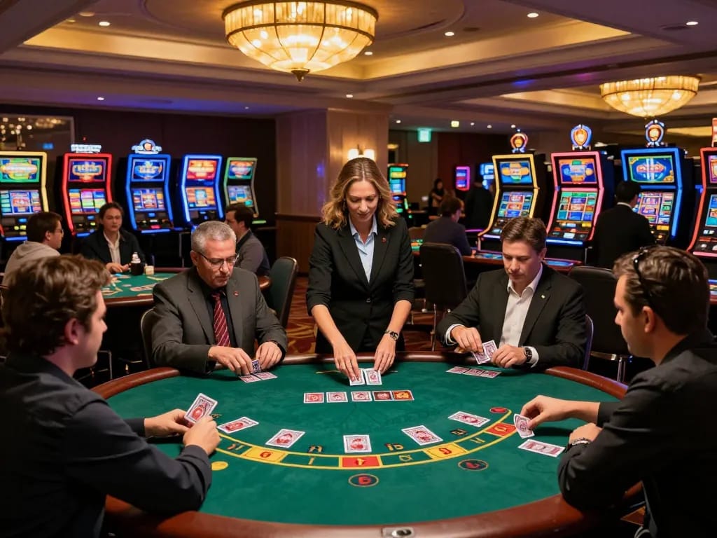 Players enjoying blackjack at okking casino with vibrant atmosphere and engaging gameplay
