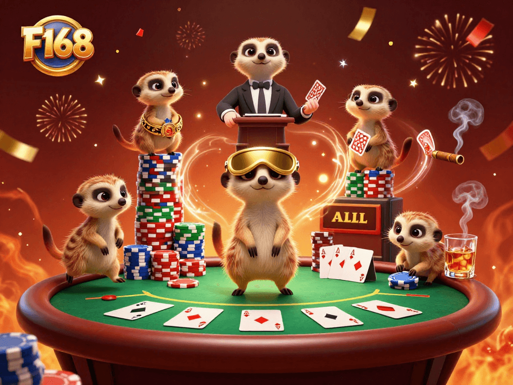 Experience exhilarating games at F168's vibrant casino with lively meerkats and colorful poker chips.