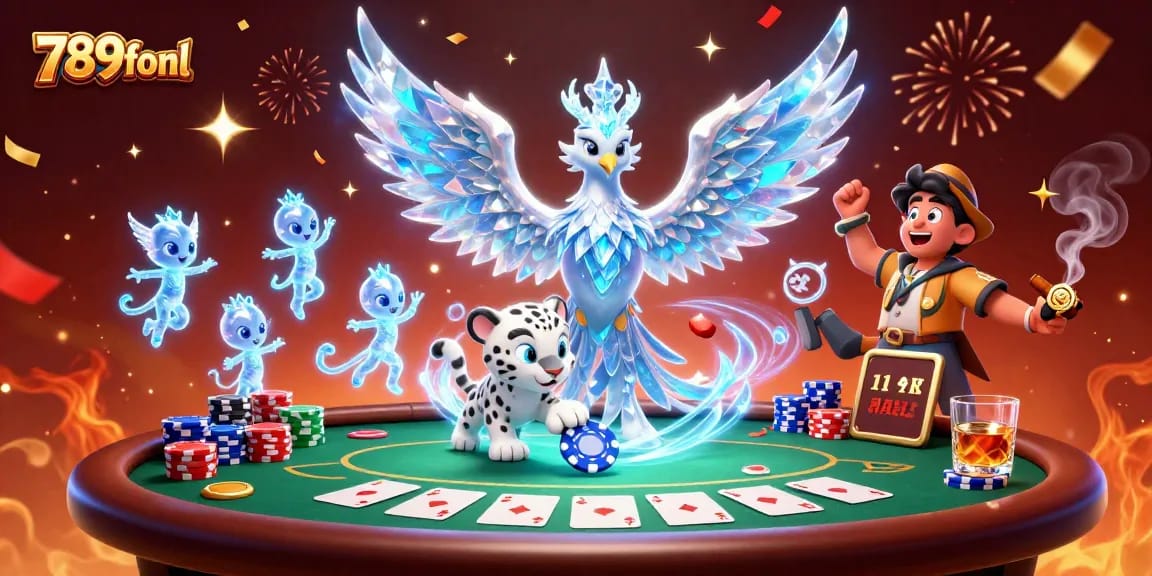 Immerse in the thrilling world of 789fonl as an ice phoenix wields poker magic with vibrant energy.