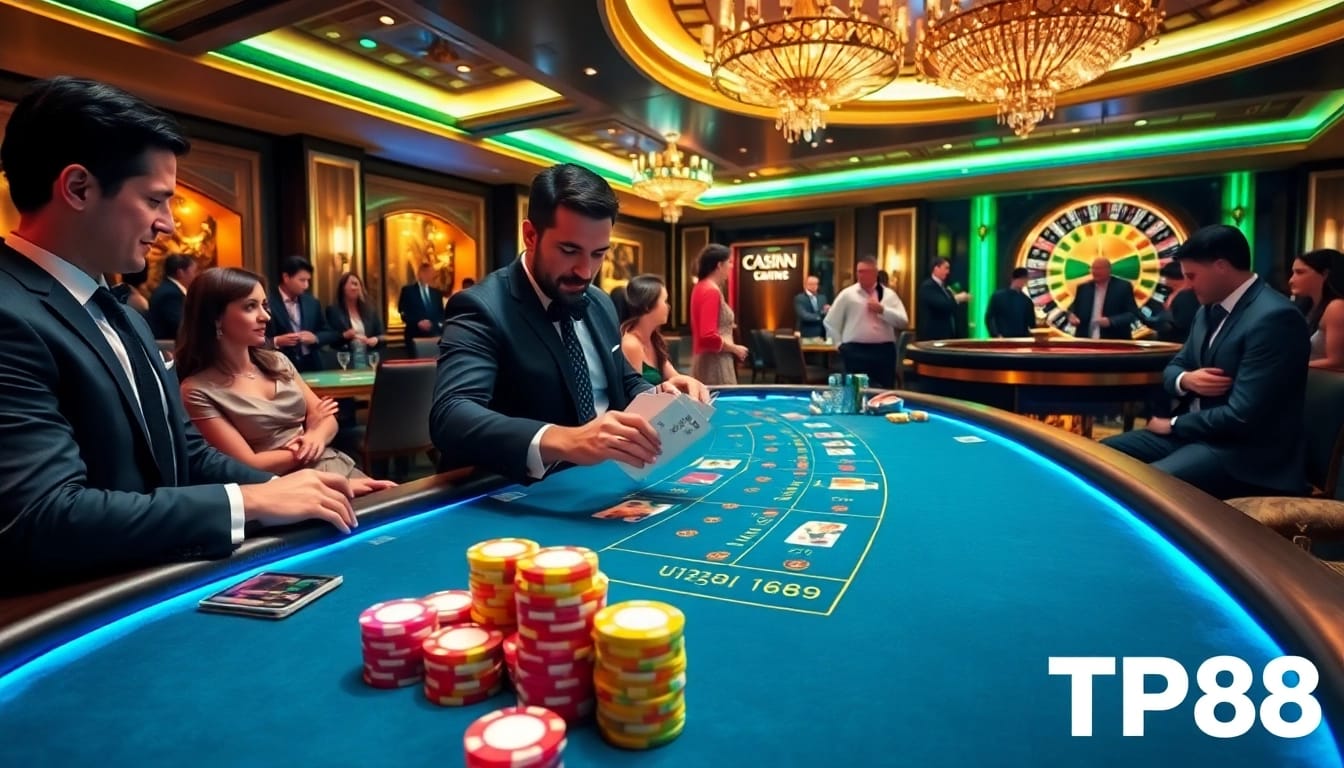 High-stakes gamblers enjoying a professional TP88 casino experience at a blackjack table.