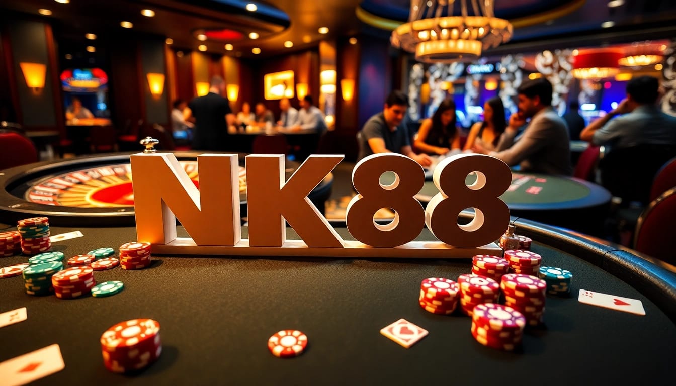 Engaged players enjoying a professional NK88 casino experience with poker chips and cards.