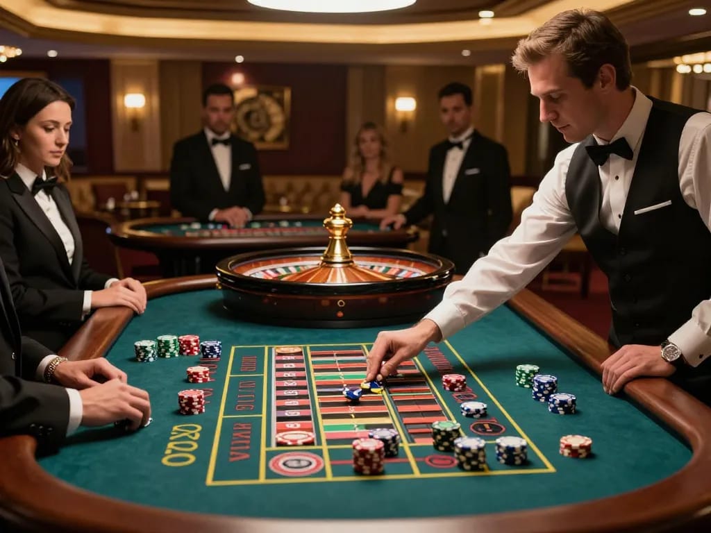 Fabet players enthusiastically placing bets at a vibrant roulette table in a luxury casino setting