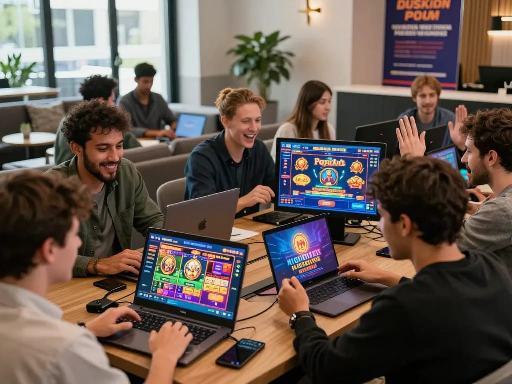 Players excitedly engaging with SC88 online casino games on their devices in a vibrant, modern setting.
