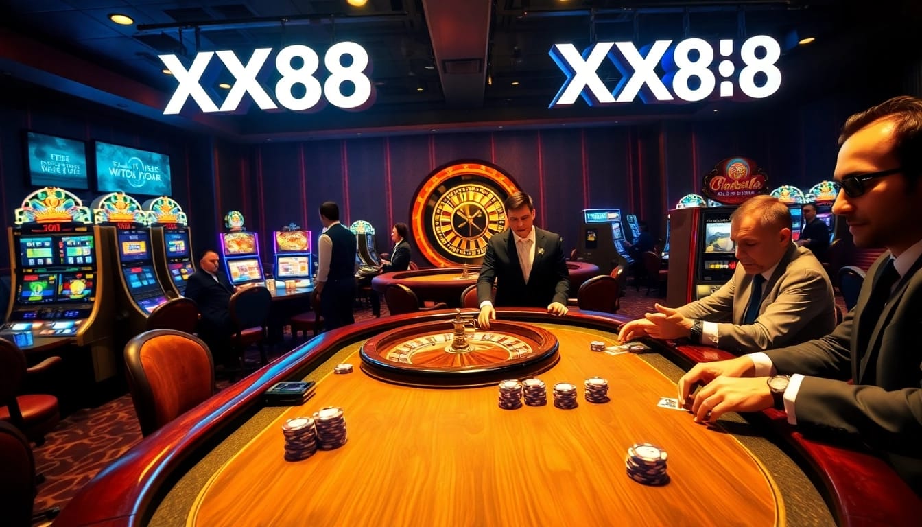 Players engage in high-stakes poker at XX88's luxurious casino, illuminated by golden lights.