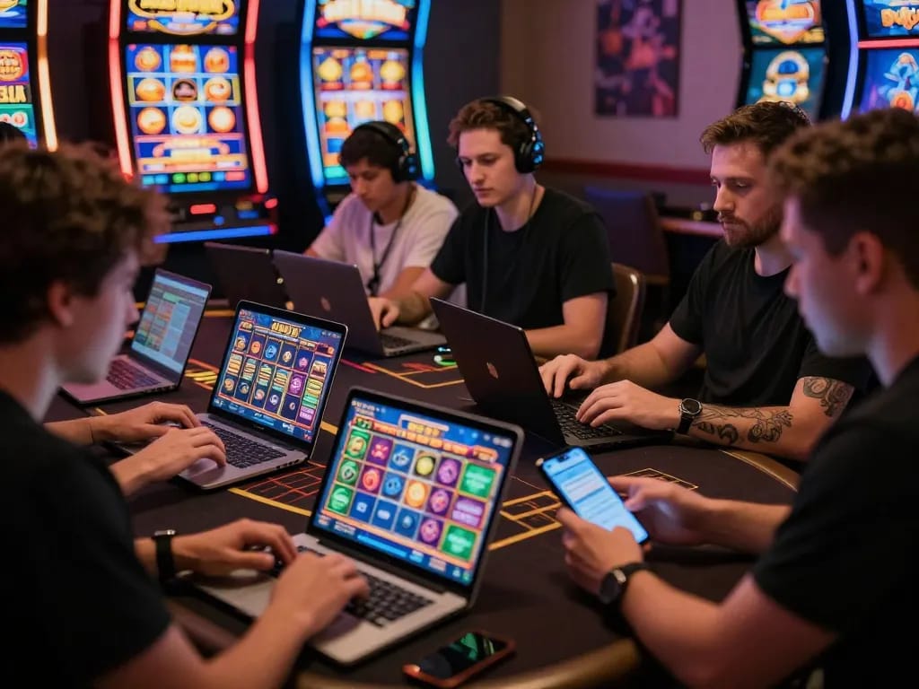 Players enjoying gem88 online casino games in a vibrant home setting.