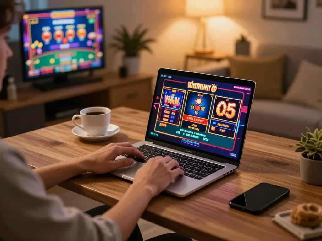 Engaging online gaming session at KKBD Bangladesh with vibrant casino games on laptop.