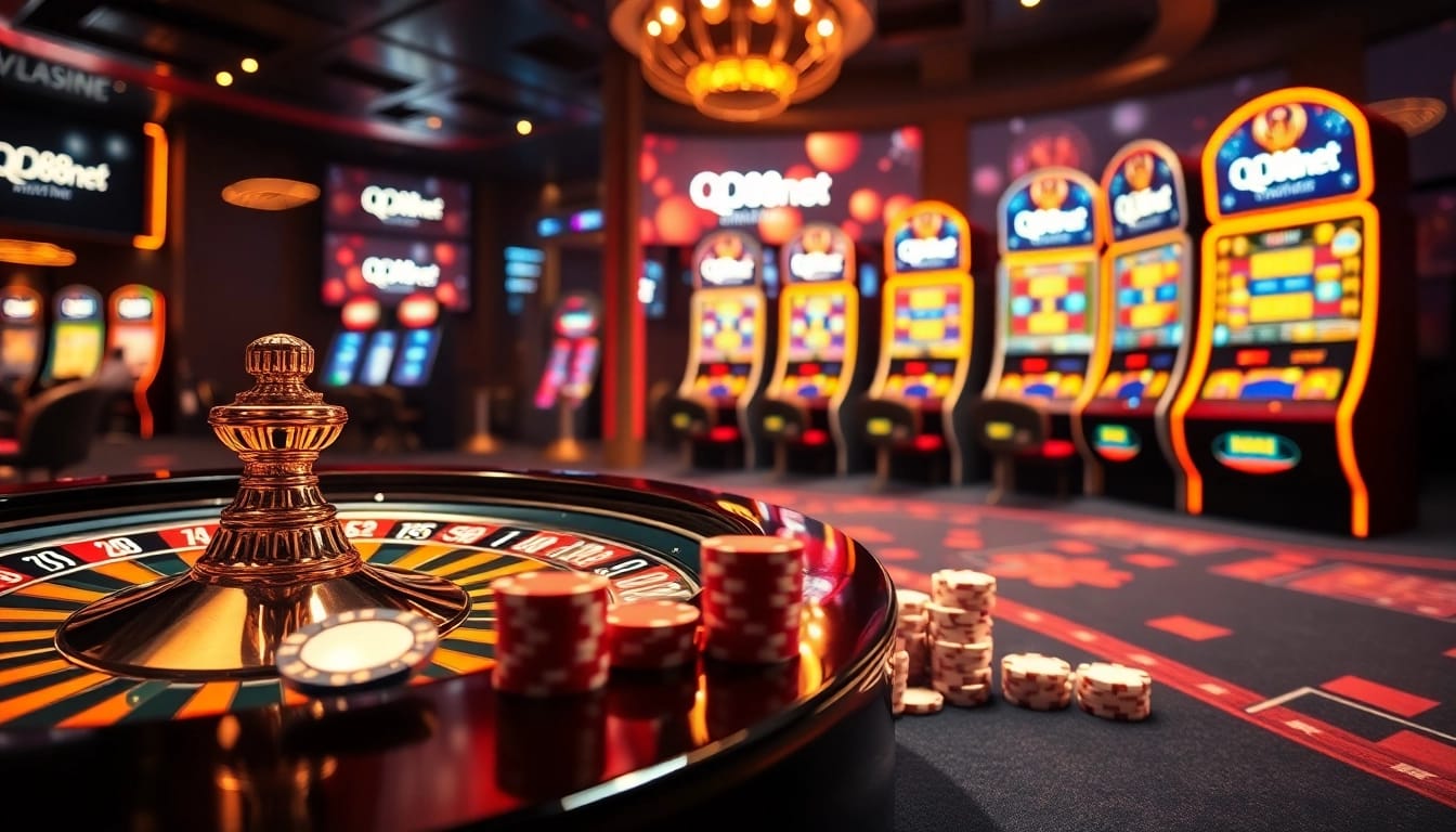 Experience the thrill of gambling at QQ88z Net with vibrant casino visuals featuring roulette, slots, and poker.