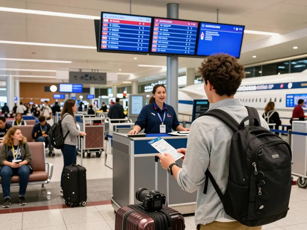 Passenger preparing for American Airlines flight on new Boeing 787-9P, showcasing excitement and link 789P at the airport.