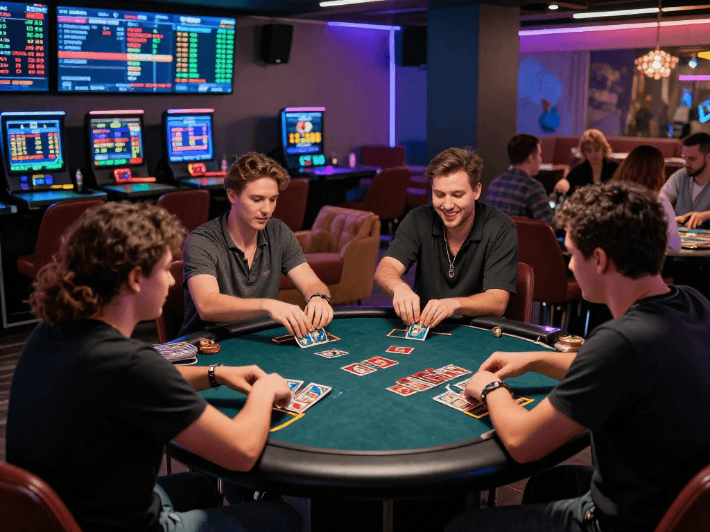 Exciting crypto casino atmosphere with diverse players engaging in games and cryptocurrency displays.