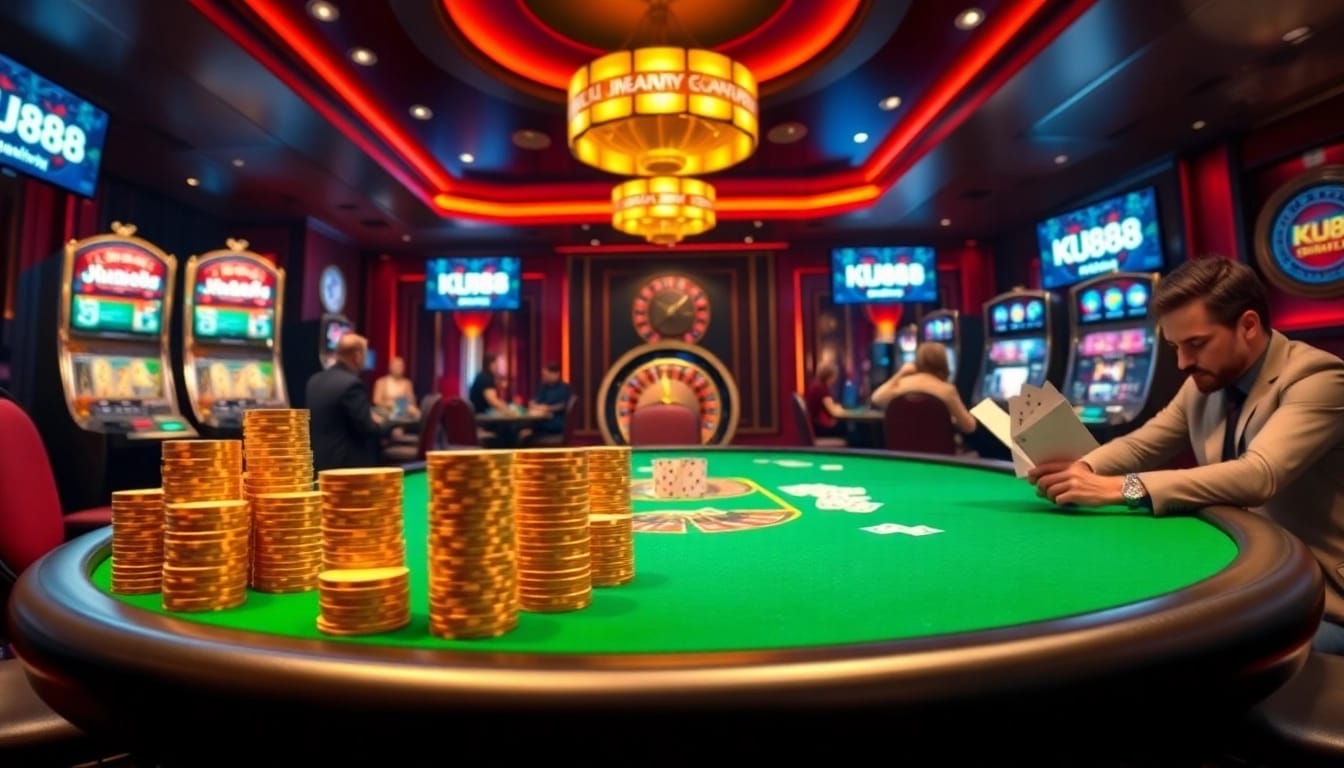 Experience high-stakes gaming at KU88, with vibrant tables, poker chips, and exciting action.