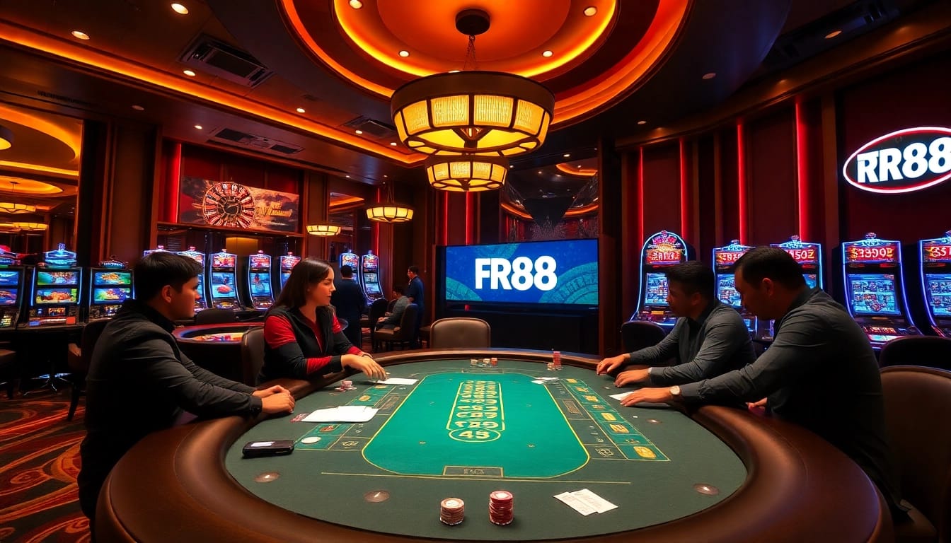RR88 casino players engaged at a vibrant poker table, showcasing high-stakes excitement.