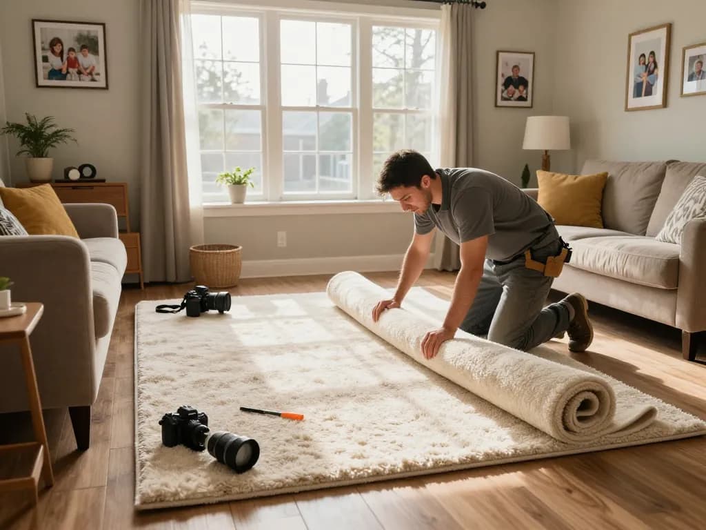Residential carpet installation in a cozy living room with a professional installer.