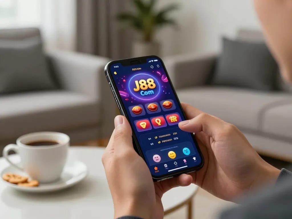 Engaging gameplay on J88 Com app through smartphone in stylish modern living room.
