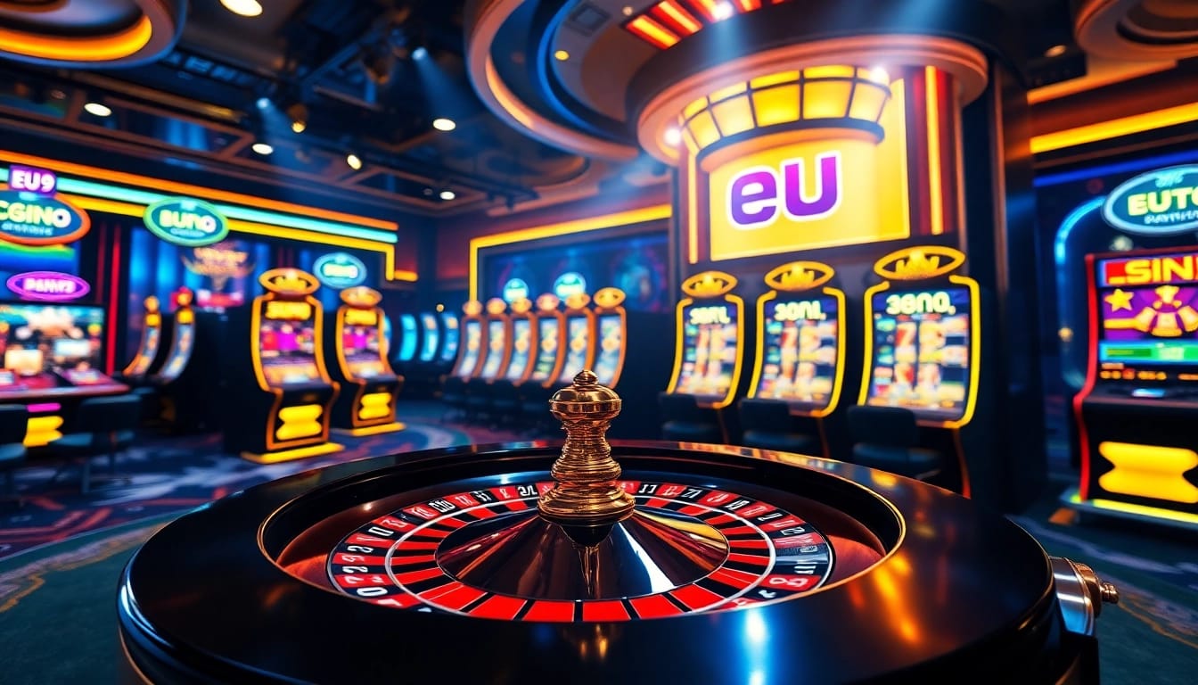 EU9 players enjoying high-stakes table games and slot machines in an elegant casino setting.