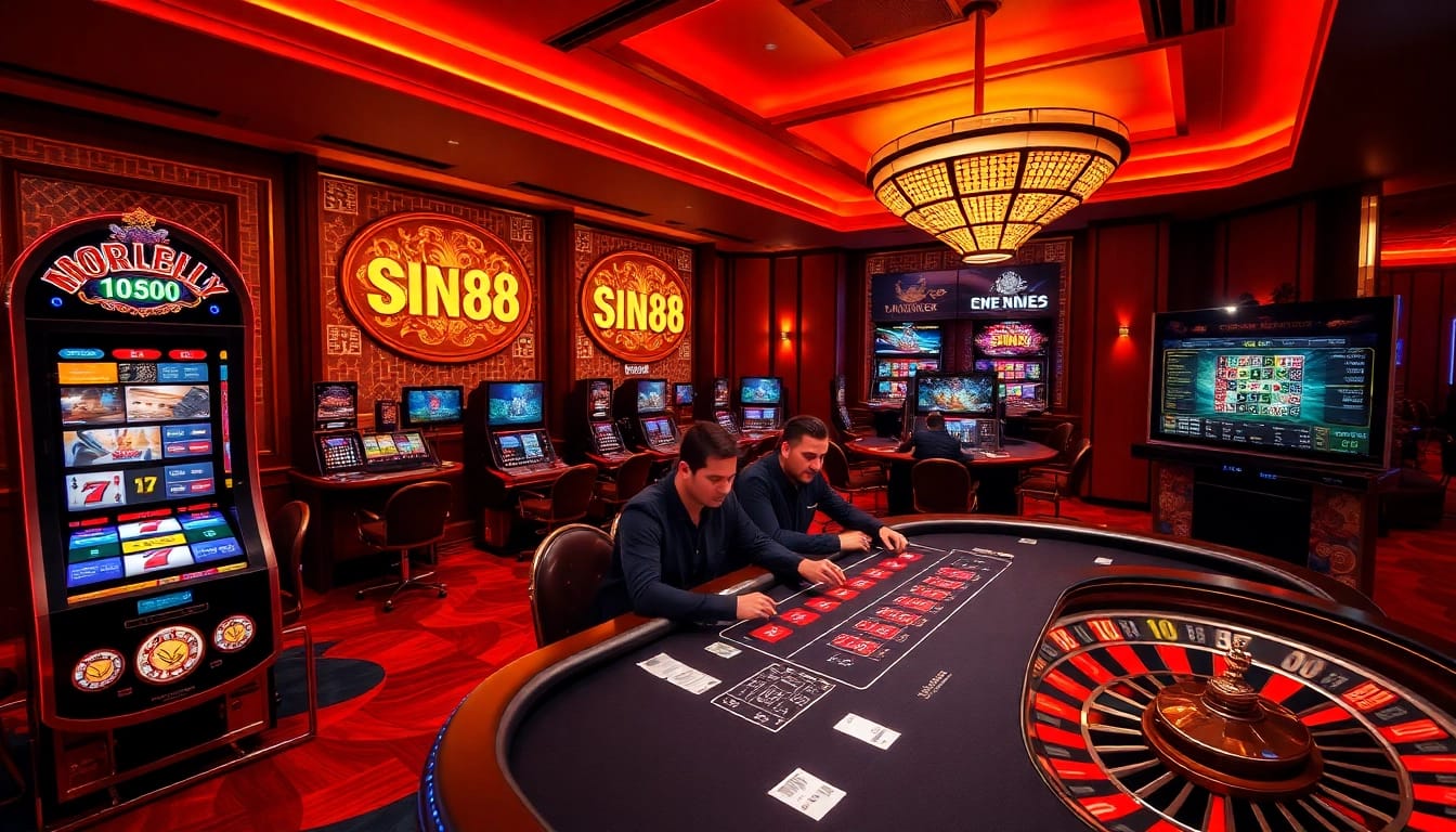 SIN88 players enjoying thrilling moments at a luxurious casino with poker tables and slot machines.