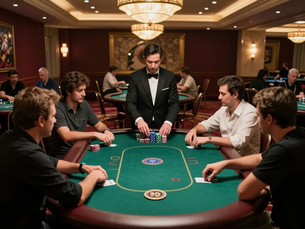 3 Win poker players engaged at upscale casino table, highlighting strategy and excitement
