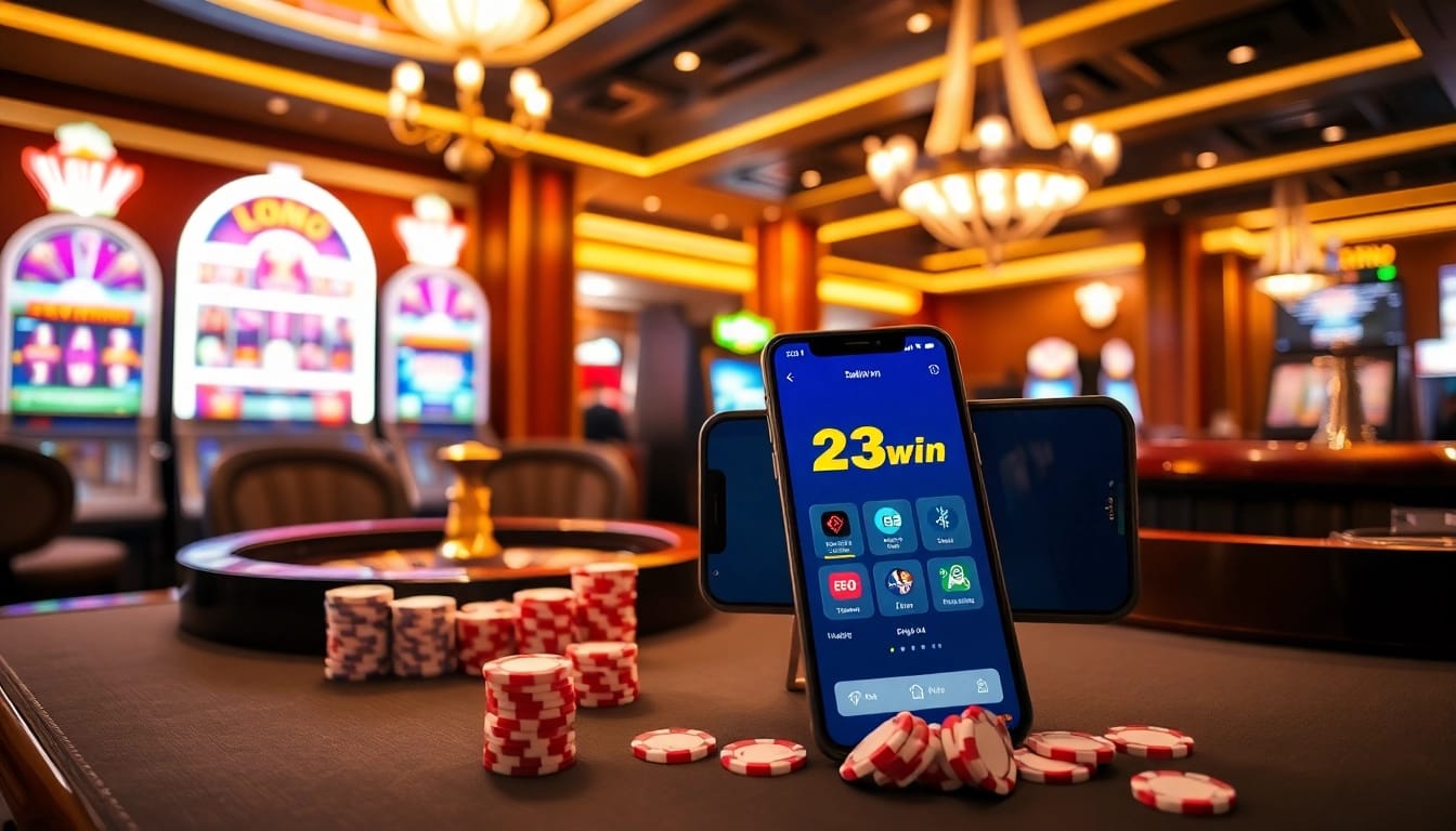 Experience vibrant online gambling with the 23win app showcasing slot machines and poker chips.