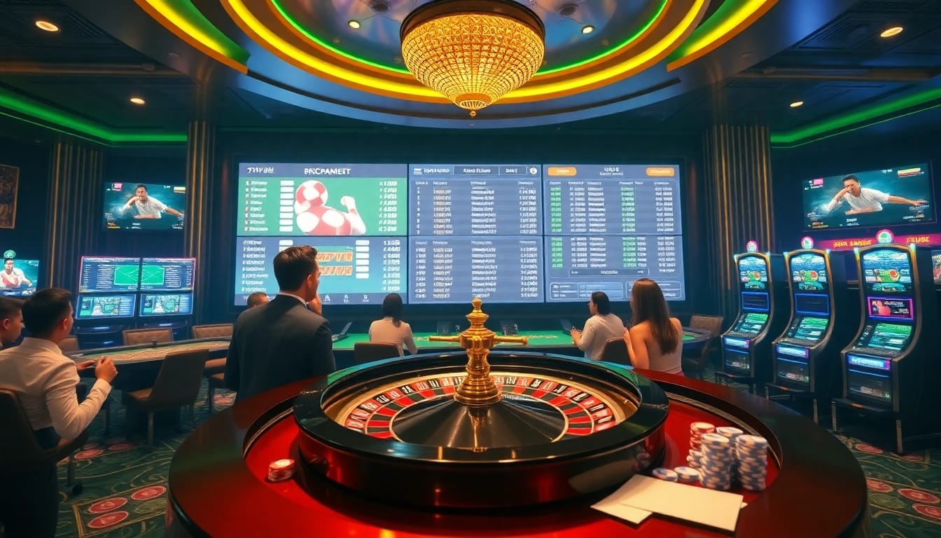 Tỷ lệ kèo nhà cái 5 displayed prominently in a vibrant casino scene filled with engaged bettors and sports screens.