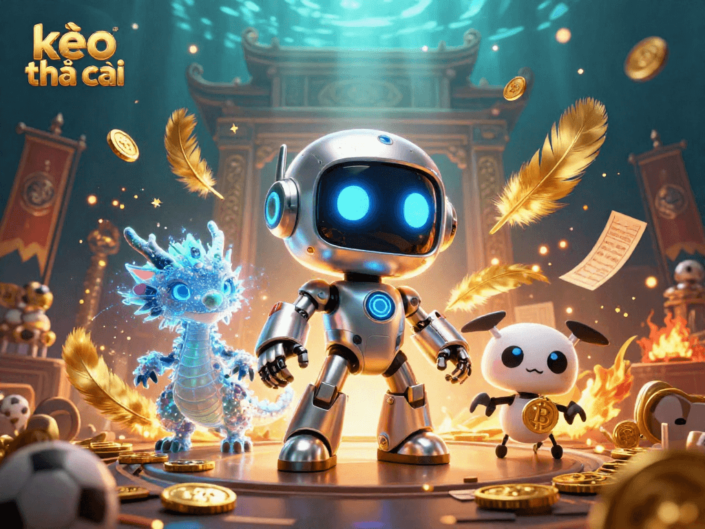 Betting with kèo nhà cái: A vibrant 3D casino scene featuring a neon cyberpunk robot and dynamic sports betting elements.