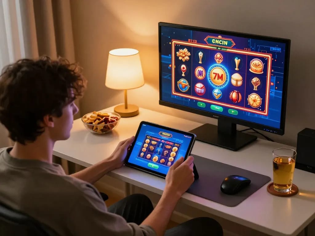 Engaging with 7M online casino app in a cozy home setup while enjoying snacks