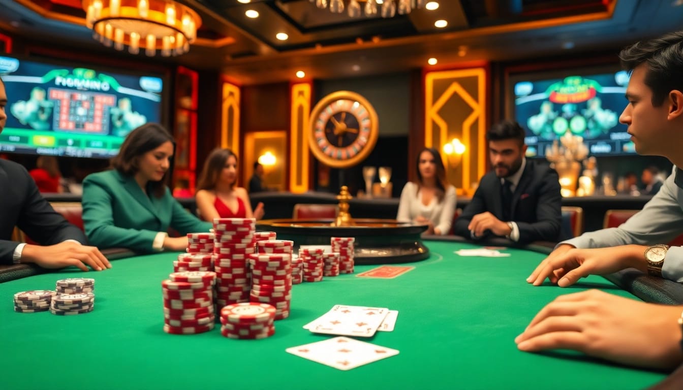 Experience the excitement of premium gaming at V7SB.com with vibrant poker and roulette action in a luxurious casino setting.