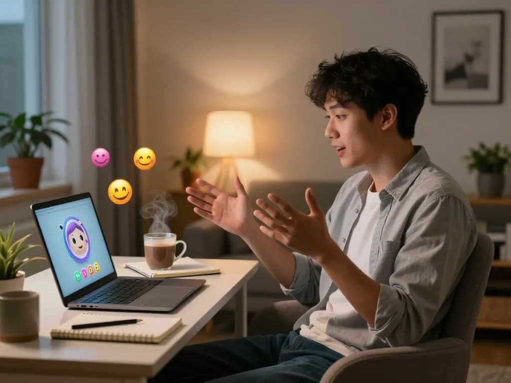 A cozy home office scene featuring ai sex chat with a digital companion on a laptop, showcasing warm atmosphere and personal engagement.