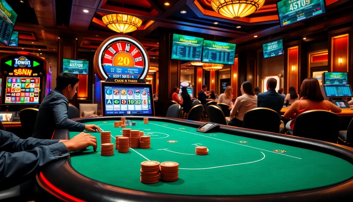 Experience the thrill of gaming at 98Win with poker chips and vibrant slot machines.