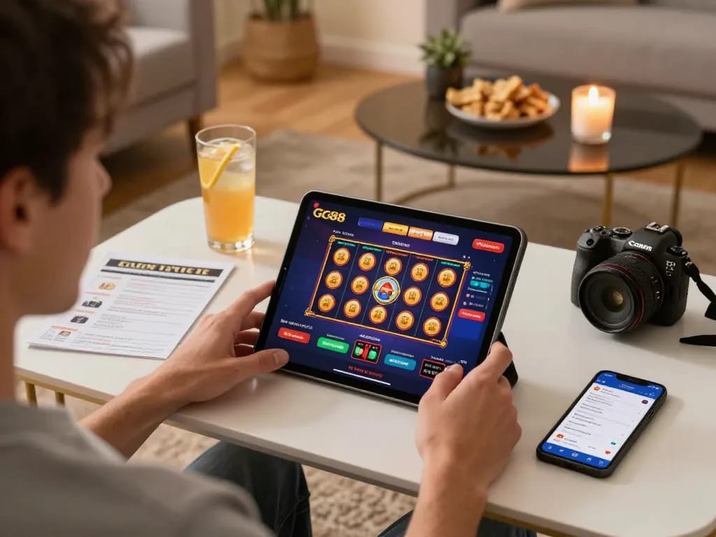 Player engaging with GG88's online casino interface on a tablet while enjoying a cozy home atmosphere.