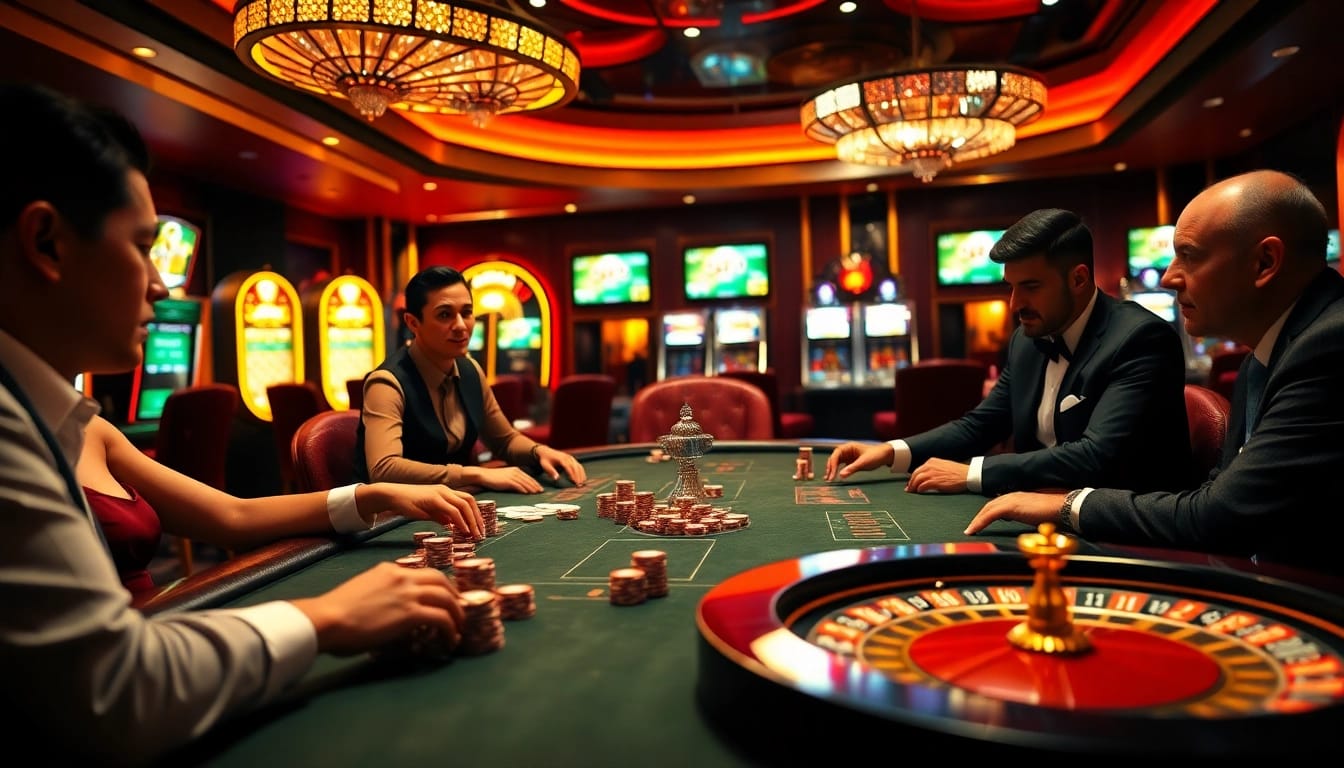 KQBD poker players strategizing around a luxurious poker table in a vibrant casino.