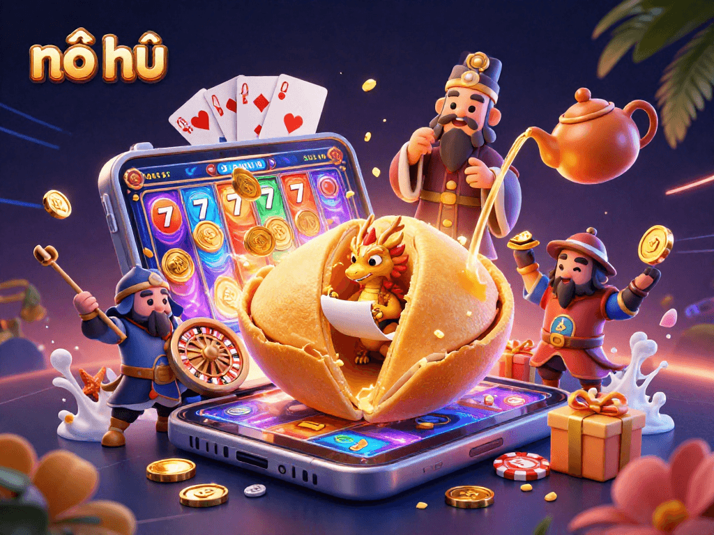Nổ hũ delivers thrilling jackpot excitement with a golden fortune cookie and dynamic casino game elements.