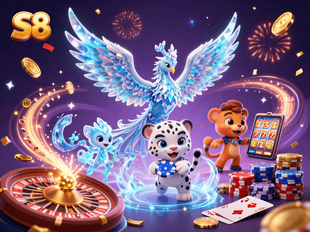 S8 showcases a vibrant 3D scene of an ice phoenix with casino elements for thrilling online gaming.