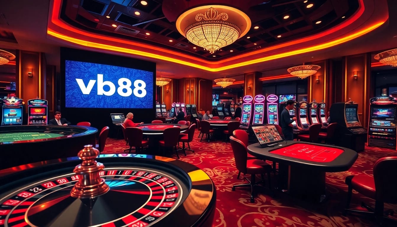 Experience excitement at vb88 with vibrant roulette and poker tables in an upscale casino.