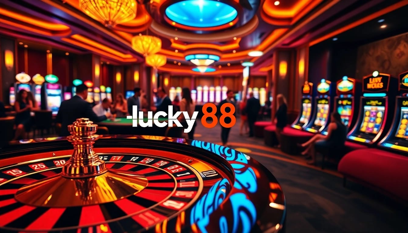 Experience the thrilling gameplay at lucky88 with vibrant casino elements like poker chips and a roulette wheel.